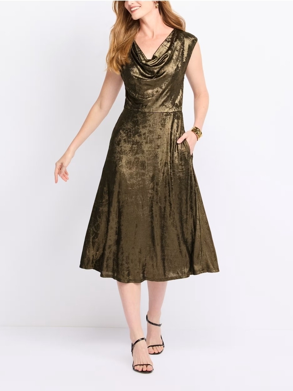 nine britton Metallic Gold Drape Neck Midi Dress